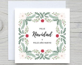 Personalisierte Spanische Weihnachtskarte: Blumenkranz Feliz Navidad