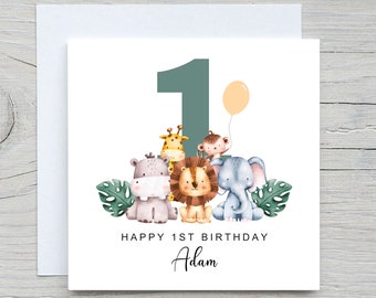 Personalised Name Birthday card, Safari Animals birthday card, Kids birthday card, add name and Age card