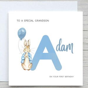 Personalised Initial Birthday Card A-Z , Baby Boy Bunny Blue Birthday Card, first birthday card