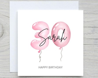 30th Birthday Card, Personalised Birthday Card, for her, 30th Birthday, pink balloons card, custom 30th birthday card