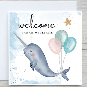 Carte personnalisée de bienvenue dans le monde pour un nouveau bébé, carte de nouveaux parents, carte de félicitations pour nouveau bébé, cadeau pour nouveau bébé, carte narval