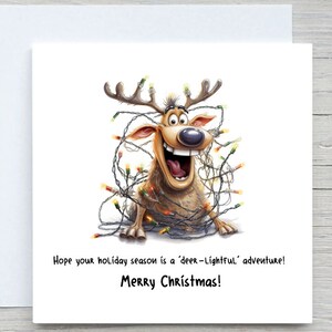 Biglietto di Natale personalizzato, Buon Natale, Biglietto di auguri, Avventura "deer-lightful"!, Biglietto di Natale, Luci di carta renna aggrovigliate