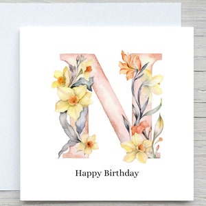 Initialen Karte, Floral Alphabet Karte, Kundenspezifische Karte, Buchstabe N Karte, personalisiertes Geburtstagsgeschenk, Floral N Karte