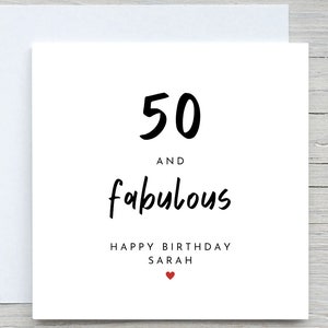 Personalised Birthday Card, 50th birthday card, 50 and fabulous, cute 50 years old birthday, for her, for wife, name birthday card