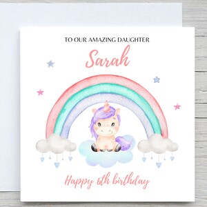 Gepersonaliseerde verjaardagskaart, eenhoorn verjaardagskaart, aquarel regenboogwolken kaarten, naam en leeftijdskaart toevoegen