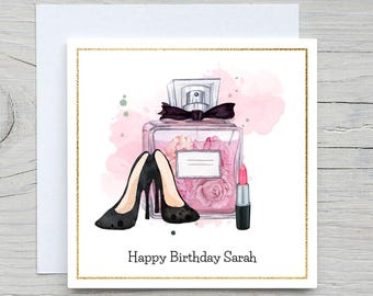 Personalised Name Birthday card, Perfume High heels birthday card, for her birthday card, diva fashion lover birthday card
