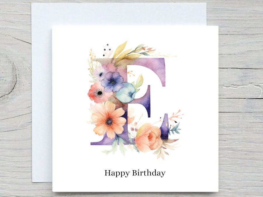 Initials Card, Floral Alphabet Card, Custom Card, Letter E Card ...