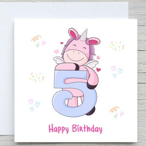 Carte d'anniversaire licorne, anniversaire de petite fille de 5 ans, carte d'anniversaire personnalisée pour fille, nièce, petite-fille