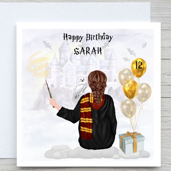 Carte d'anniversaire de sorcier pour filles, carte soeur HP personnalisée faite main, ajouter l'âge du nom, personnaliser la carte de cheveux, carte d'anniversaire de sorcier, pour fille