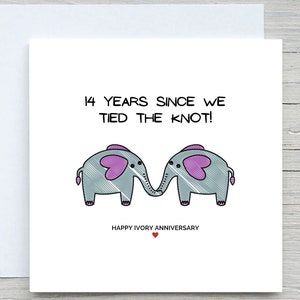 Anniversary Card, Ivory anniversary card, 14 years married card, cute elephant card, personalised card