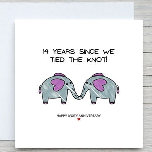 Tarjeta de aniversario, tarjeta de aniversario de color marfil, tarjeta de 14 años de casados, linda tarjeta con elefante, tarjeta personalizada