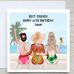 Piscine plage personnalisée meilleur ami joyeux anniversaire carte faite main, soeur bestie cousine, carte personnalisée de coiffure, pour bestie, soeur
