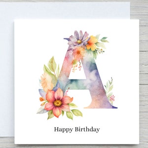 Kaart met initialen, kaart bloemen alfabet, aangepaste kaart, kaart letter A, gepersonaliseerd verjaardagscadeau, kaart bloemen A