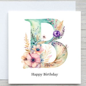 Kaart met initialen, kaart bloemen alfabet, aangepaste kaart, kaart letter B, gepersonaliseerd verjaardagscadeau, kaart bloemen B