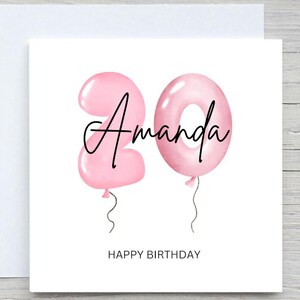 20. Geburtstagskarte, personalisierte Geburtstagskarte, für Sie, 20. Geburtstag, rosa Luftballons Karte, benutzerdefinierte 20. Geburtstagskarte