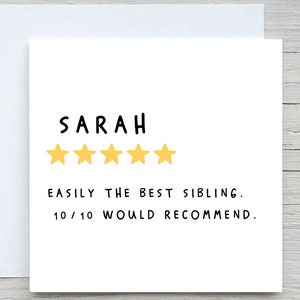 Personalisierte Karten, Wertschätzungskarte, Best Sibling Karte, 5 Sterne Bruder, 5 Sterne Schwester, würde empfehlen,