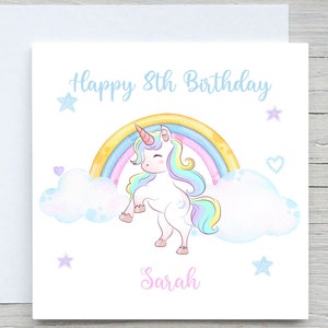 Gepersonaliseerde verjaardagskaart, eenhoorn verjaardagskaart, aquarel regenboogwolken kaarten, naam en leeftijdskaart toevoegen