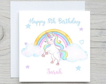 Personalised Birthday Card, Unicorn birthday card, watercolor rainbow clouds Cards, add name and age card