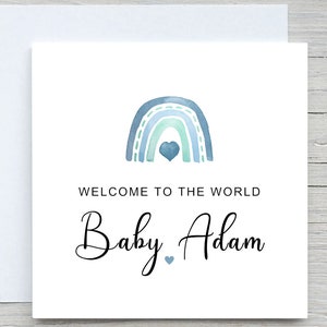Carte personnalisée de bienvenue dans le monde pour nouveau-né, carte de nouveaux parents, carte de félicitations pour nouveau bébé, cadeau pour nouveau-né, arc-en-ciel bleu