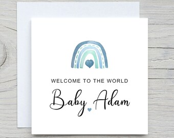 Carte personnalisée de bienvenue dans le monde pour nouveau-né, carte de nouveaux parents, carte de félicitations pour nouveau bébé, cadeau pour nouveau-né, arc-en-ciel bleu