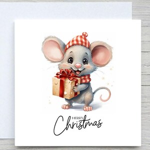 Personalised Christmas card, Merry christmas, Holiday card, Cute Christmas Mouse with Gift , christmas card