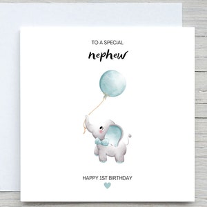 Tarjeta de cumpleaños para bebé, tarjeta para el primer cumpleaños, tarjeta para el sobrino, tarjeta para el hijo, tarjeta para el primer cumpleaños, tarjeta con elefante azul