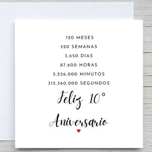 Cartão de aniversário espanhol, cartão de aniversário personalizado, cartão de 10º aniversário, aniversário de lata, 10 anos juntos, aniversário de casamento