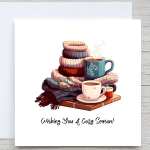 Cartão de feliz outono, Cartão de feliz outono, Cartões personalizados, Cartão de outono com chocolate quente, Cores de outono, Cartão aconchegante de outono