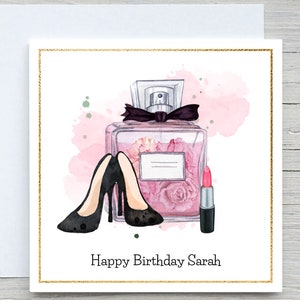 Carte d'anniversaire nom personnalisée, carte d'anniversaire parfum talons hauts, pour sa carte d'anniversaire, carte d'anniversaire diva amateur de mode