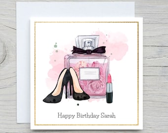 Personalised Name Birthday card, Perfume High heels birthday card, for her birthday card, diva fashion lover birthday card