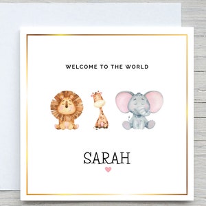 Gepersonaliseerde Welcome To The World New Baby Card, Baby Card met schattige dieren, New Born Card