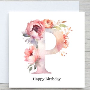 Kaart met initialen, kaart bloemen alfabet, aangepaste kaart, kaart letter P, gepersonaliseerd verjaardagscadeau, kaart P bloemen