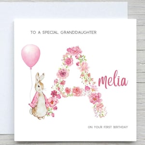 Personalised Initial Birthday Card A-Z , Baby girl Bunny Pink Birthday Card, first birthday card