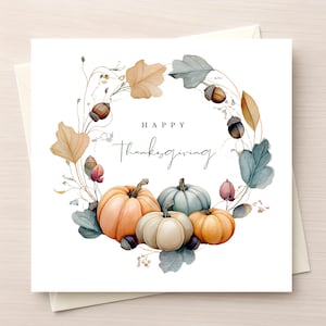 Watercolor Thanksgiving Card – Minimalist Autumn Harvest Wreath – Pumpkins, Leaves & Berries – Elegant Fall Greeting Card