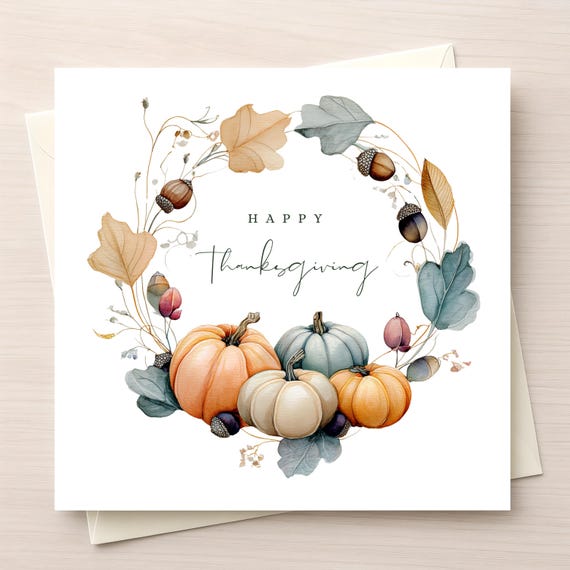 Watercolor Thanksgiving Card – Minimalist Autumn Harvest Wreath – Pumpkins, Leaves & Berries – Elegant Fall Greeting Card