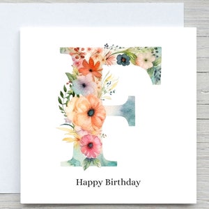 Kaart met initialen, kaart bloemen alfabet, aangepaste kaart, kaart letter F, gepersonaliseerd verjaardagscadeau, F-kaart bloemen