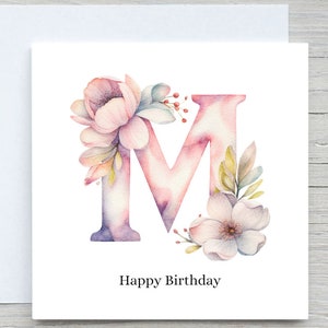 Kaart met initialen, kaart bloemen alfabet, aangepaste kaart, kaart Letter M, gepersonaliseerd verjaardagscadeau, M-kaart bloemen