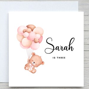 Personalisierte Baby-Geburtstagskarte, süße Teddykarte, rosa Ballonskarte, für Nichte, für Enkelin, zu Tochterkarte,