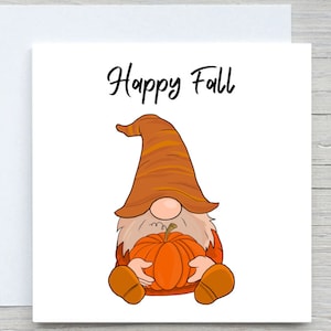Tarjeta de feliz otoño, linda tarjeta de calabazas de gnomos, tarjetas personalizadas, tarjeta de otoño, colores de otoño, tarjeta acogedora de otoño