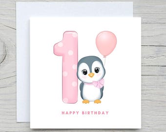 Penguin 1st Birthday Card, Girl Birthday