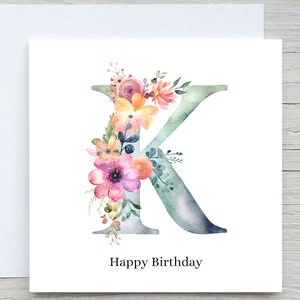 Kaart met initialen, kaart bloemen alfabet, aangepaste kaart, kaart Letter K, gepersonaliseerd verjaardagscadeau, K-kaart bloemen