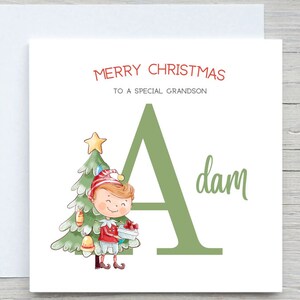 Carte de Noël personnalisée pour enfants, carte garçon lutin de Noël, carte de nom supplémentaire, de grand-mère, de tante, carte de Noël avec nom personnalisé, carte alphabet