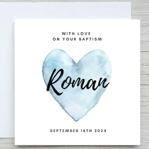 Biglietto di battesimo per ragazzo, biglietto di battesimo personalizzato per figlio, nipote, nipote, biglietto di battesimo con cuore blu acquerello, aggiungi nome e data