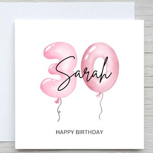 30.Geburtstagskarte, personalisierte Geburtstagskarte, für Sie, 30.Geburtstag, rosa Luftballons Karte, benutzerdefinierte 30.Geburtstagskarte