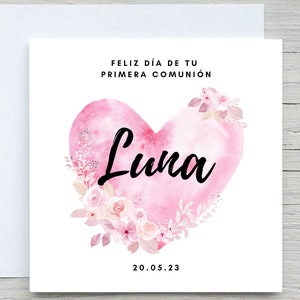 Spanische Kommunionkarte, personalisierte Karte für Tochter, Enkelin, Nichte, Aquarell-rosa Herz-Taufkarte, primara comunión