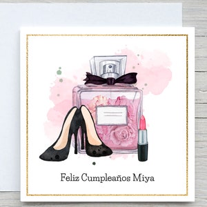 Spaanse gepersonaliseerde naam verjaardagskaart, parfum hoge hakken verjaardagskaart, voor haar verjaardagskaart, diva modeliefhebber verjaardag, feliz cumple