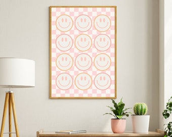 Digital Prints Wall Art SMILEY FACE Check Checkered, Retro Kids Wall art, Boho Kids Room, Boho Wall Art, Printable 8x10, 11x14, A3, A4