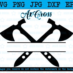 May include: Black silhouette of two crossed axes with a blank space for text in the center. The text "Ax Cross" is written in a stylized font above the axes.