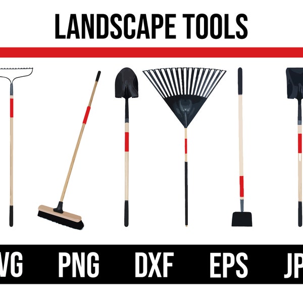 Landscape Tools svg png dxf eps jpg Rake, pushbroom, shovel and hoe svg