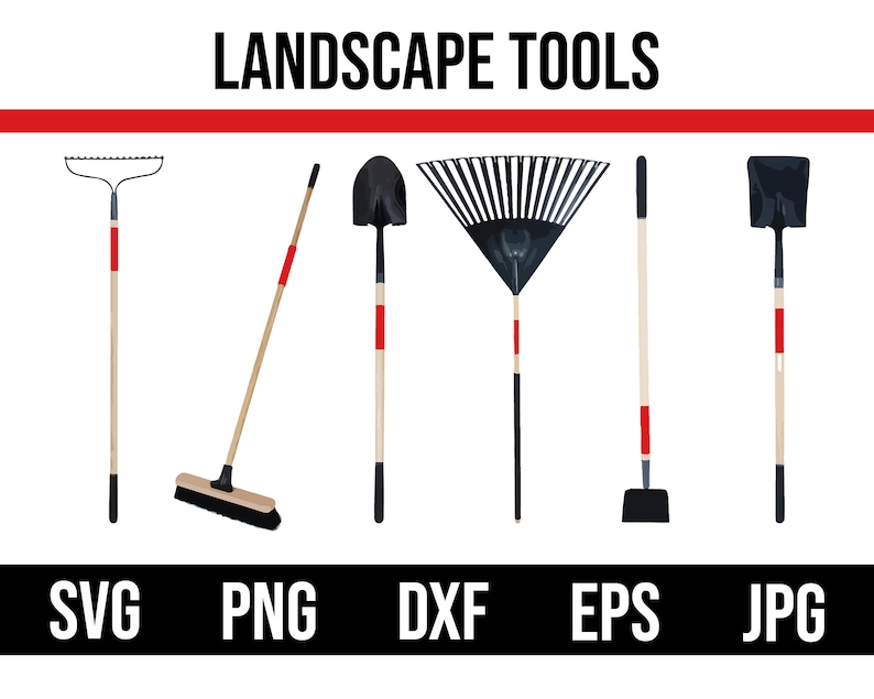 May include: A set of five landscape tools, including a rake, a shovel, a broom, a leaf rake, and a hand rake. The tools are all black with wooden handles and red accents.
